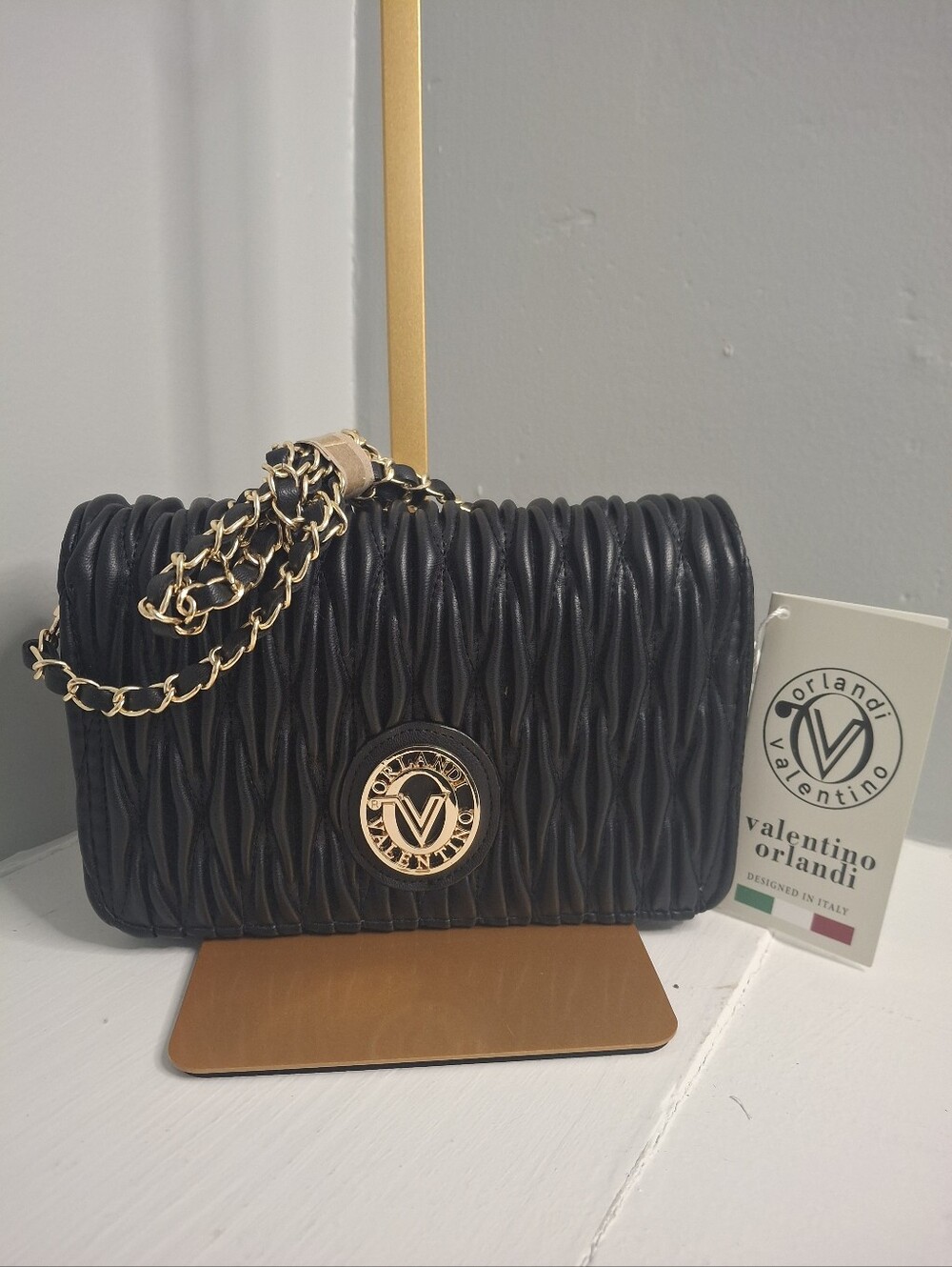 Valentino Orlandi NWT Black Ruched Chain Strap Crossbody Shoulder Bag